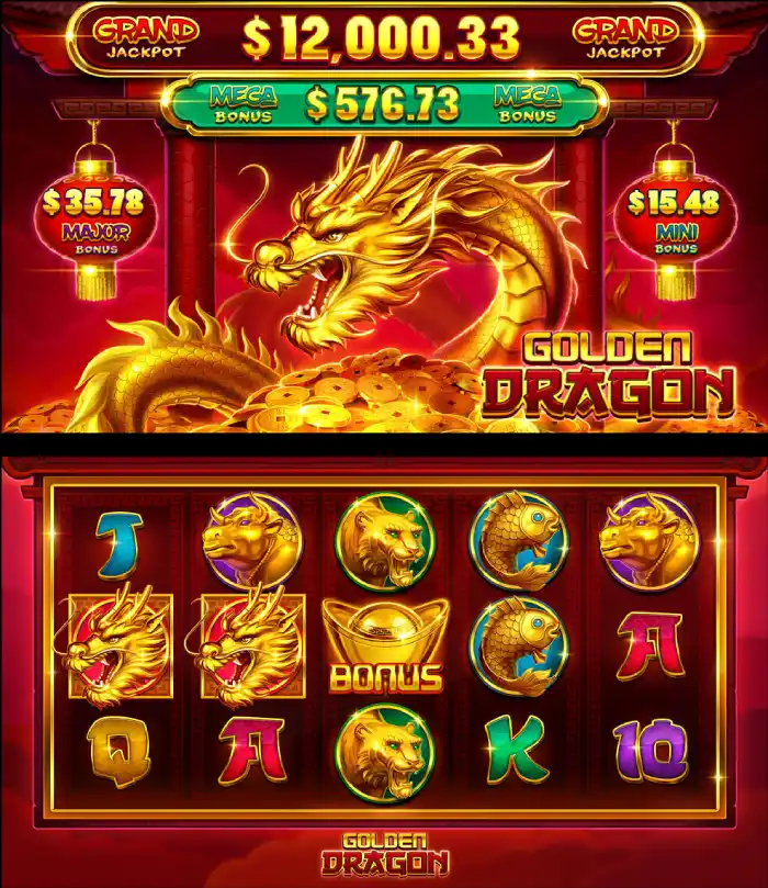 Golden Dragon slot game – Chinese palace backdrop with dragon symbols